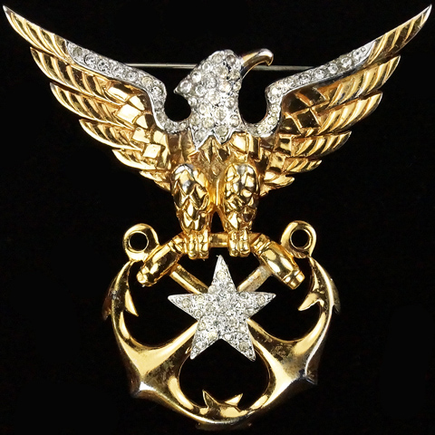 MB Boucher WW2 US Patriotic Gold and Pave Eagle Star and Crossed Anchors Navy Insignia Pin