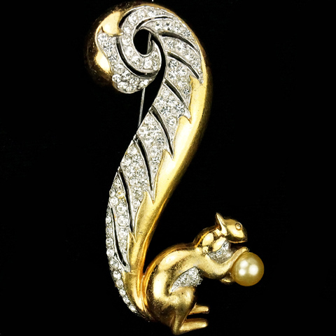 MB Boucher Gold and Pave Large Squirrel holding a Pearl Pin