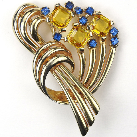 Boucher Gold Citrine and Sapphire Stylized Bow Swirl Pin
