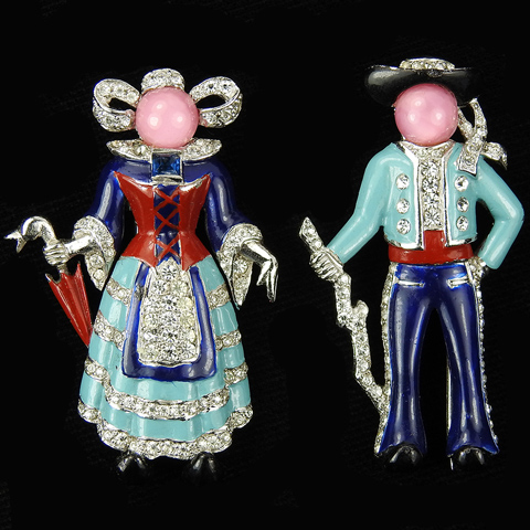 MB Boucher Lady with Umbrella and Gentleman with Stick in Traditional Norwegian Dress Pair of Pin Clips