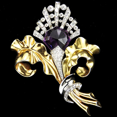 MB Boucher Gold Pave and Heptagon Cut Amethyst Double Leaves with Bow Swirl Giant Flower Spray Pin