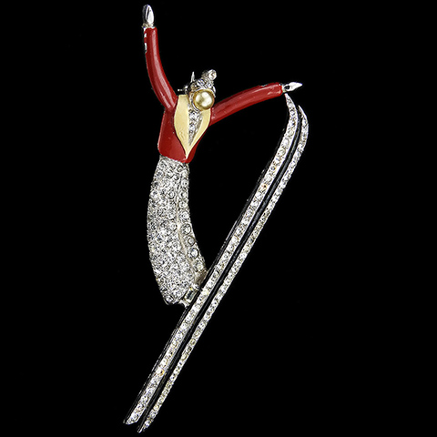 MB Boucher Pave and Enamel Deco Ski Jumper Flying Through the Air Pin