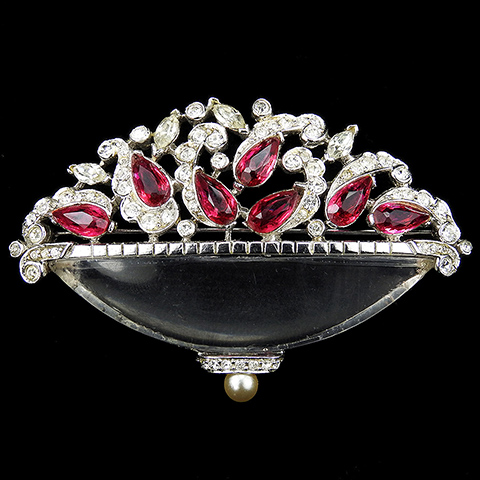 MB Boucher Ruby Flowers and Pave Leaves in a Jelly Belly Flower Basket Pin