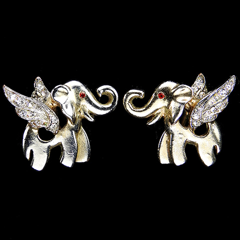 MB Boucher Gold and Pave Winged Flying Elephants Screwback Earrings