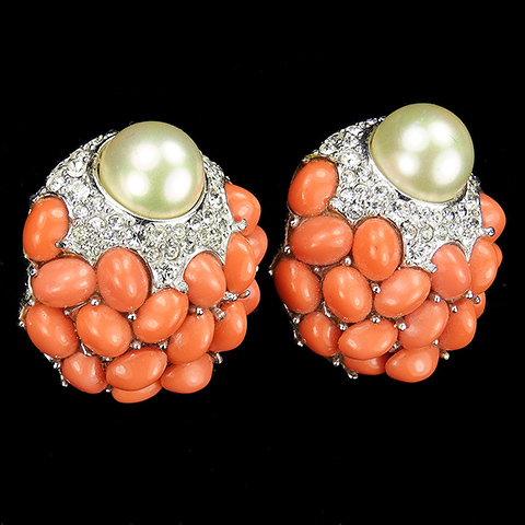 Boucher Pave Coral Cabochons and Pearls Flower Bud Clip Earrings