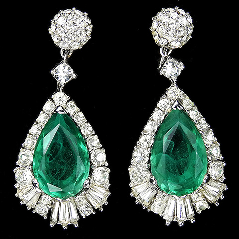 Boucher Pave and Pendant Emerald Teardrop Clip Earrings