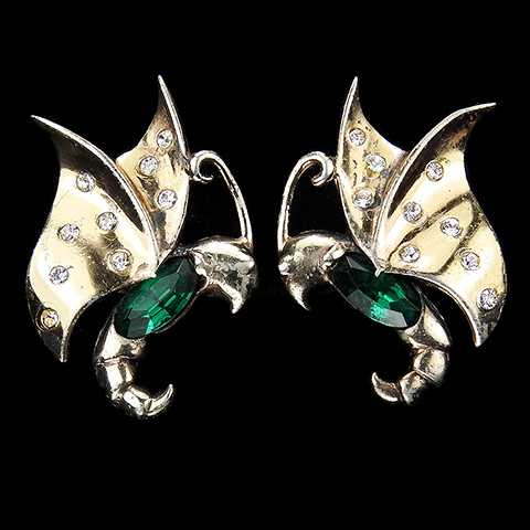 MB Boucher Sterling Gold Spangles and Emerald Butterfly Screwback Earrings