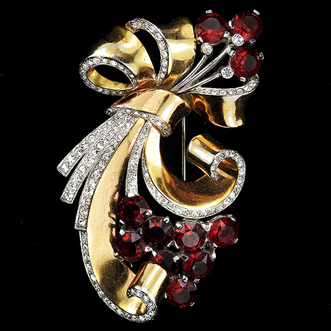 MB Boucher Deco Gold and Pave Bowknot Swirl with Ruby Chaton Flowers Pin Clip