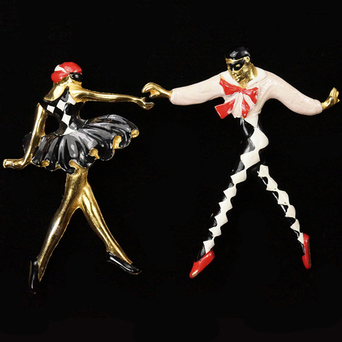 Silson Gold and Enamel Matching Pair of Harlequin and Columbine Masked Ballet Dancer Pins