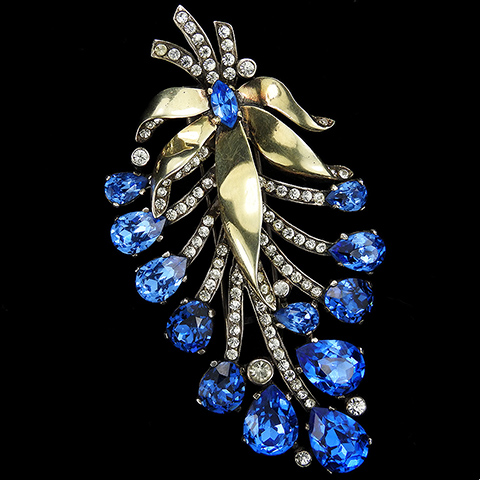 Eisenberg Original Sterling Gold Pave and Sapphires Leaf Spray with Bowknot Pin Clip