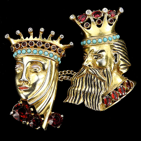 Eisenberg Original Gold Turquoise and Rubies King and Queen Chatelaine Playing Card Pins