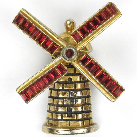 Coro (?) Gold and Invisibly Set Rubies Windmill Pin Clip