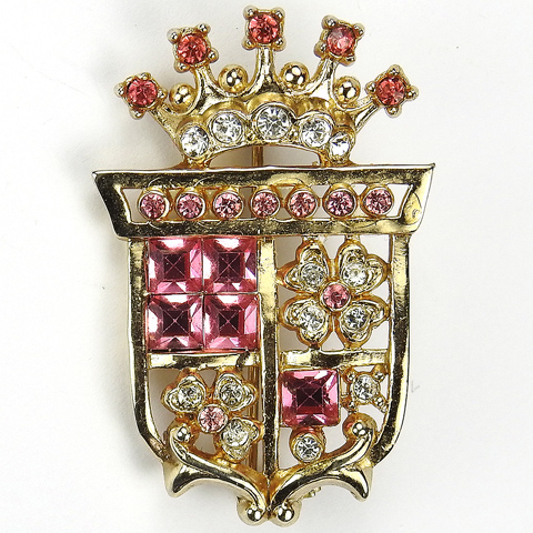 Coro Gold Diamante and Pink Topaz Crown and Quartered Shield with Four Leaf Clovers Heraldic Crest Pin