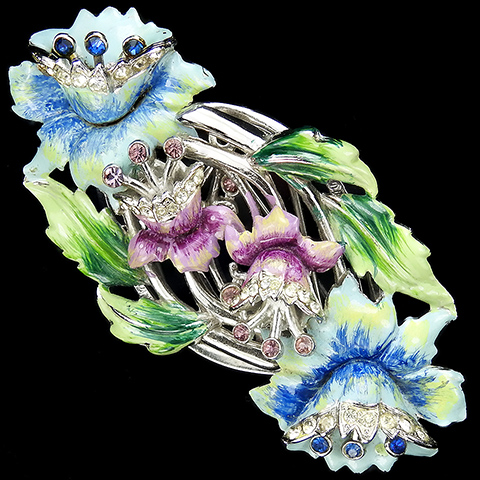 Coro Pave and Pastel Enamel Purple and Blue Lotus Flower Sprays Pin Clip Duette