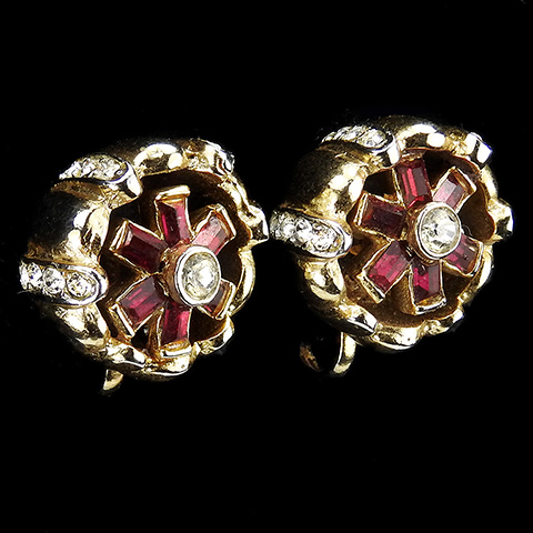 Coro 'Gene Verrecchio' Gold and Ruby Quivering Camellias Small Screwback Earrings