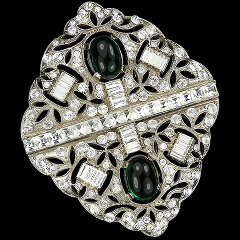 Coro Pave Baguettes Emerald Cabochons and Square Cut Diamonds Deco Giant Double Shield Pin
