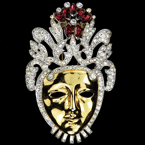 Coro Gold Pave and Ruby Navettes Face Mask with Headdress Pin Clip
