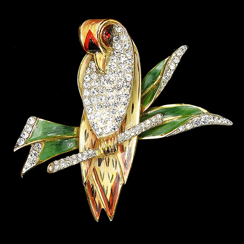 Corocraft Sterling Gold Pave and Enamel Stylized Love Bird on Branch Pin Clip