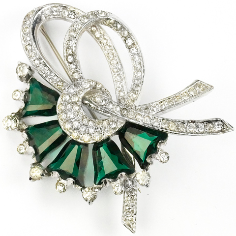Mitchel Maer Pave and Kite Shaped Emeralds Bow Swirl Pin