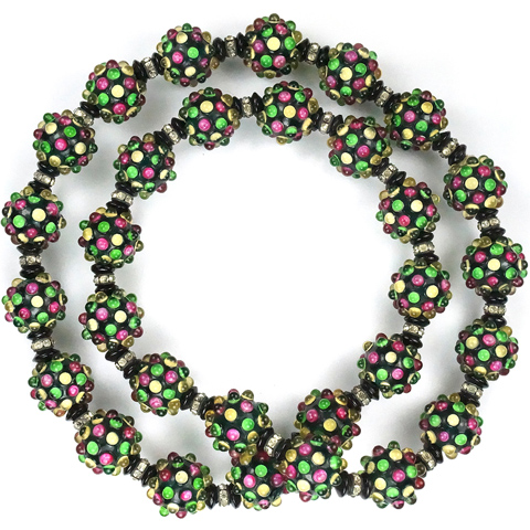 Rousselet Multicolour Cabochons on Deep Green Poured Glass Spheres Claspless Necklace
