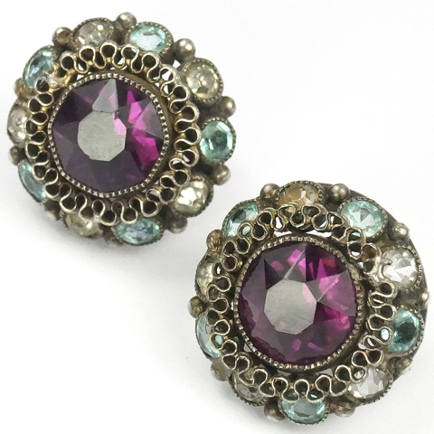Hobe Filigree Gold Diamante Blue and Pink Topaz Button Clip Earrings 