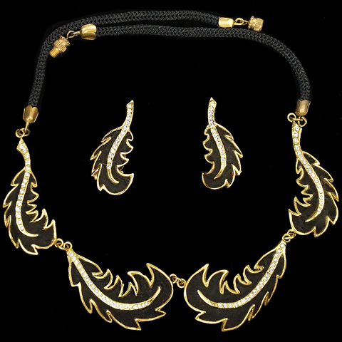 Henry a la Pensee Made In France Gold Pave and Black Velvet Double Leaf Swirls Necklace and Clip Earrings Set