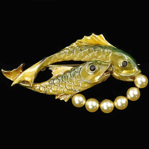Pennino Gold Pearls and Enamel Pair of Swimming Fish with Bubbles Pin 