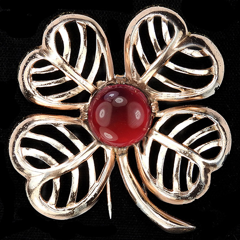 Nettie Rosenstein Sterling Gold Openwork and Ruby Cabochon Four Leaf Clover Flower Pin Clip