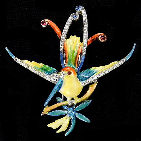 Dujay Pave and Metallic Enamel Lyre Bird of Paradise and Dragonfly on a Branch Pin Clip