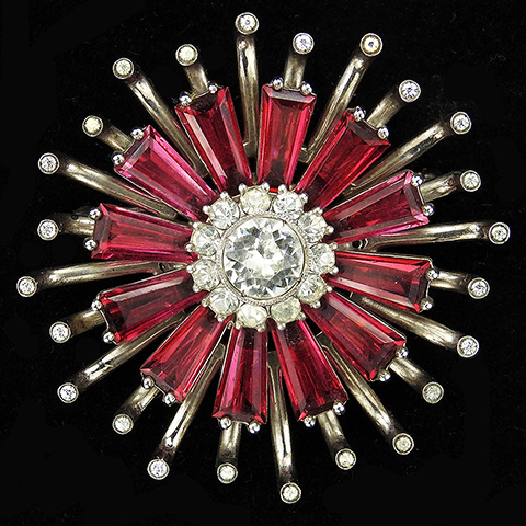 Dujay Sterling Diamante Chatons and Graduated Ruby Baguettes Circular Starburst Pin