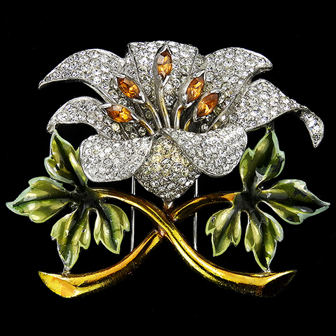 Dujay Pave and Metallic Enamel Orchid with Topaz Stamens Flower Pin Clip