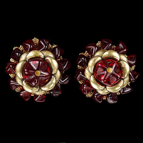 Miriam Haskell Gold and Ruby Fruitdrop Poured Glass Flower Button Clip Earrings
