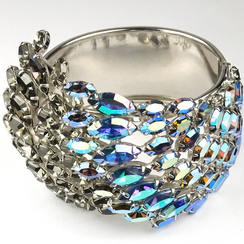 Alice Caviness (unsigned) Silver Black Diamond and Iridescent Blue Aurora Borealis Chaton Waves Bangle Bracelet