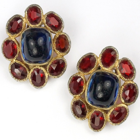 Hattie Carnegie Poured Glass Sapphire and Ruby Clip Earrings