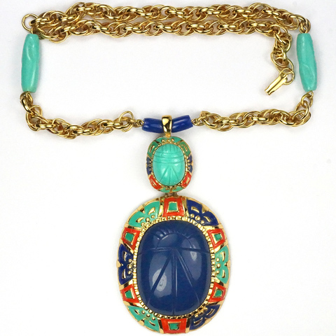 Hattie Carnegie (unsigned) Egyptian Revival Turquoise and Lapis Double Pendant Scarabs Necklace