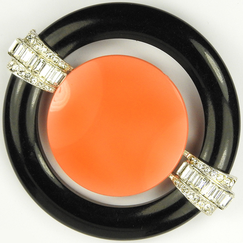 Kenneth Lane 'Art Deco Style' Pave Baguettes Onyx and Coral Circle and Disc Pin