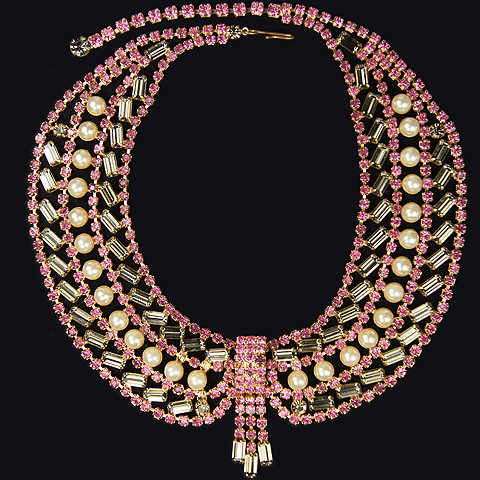 Hattie Carnegie (unsigned) Pink Topaz Black Diamond Baguettes and Pearls Cravat Necklace