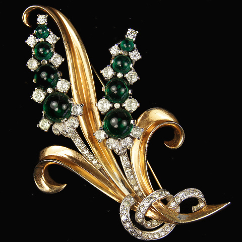 Mazer Gold Pave and Emerald Cabochons Floral Spray Pin