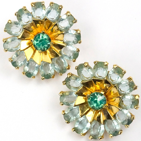 Mazer Gold Aquamarine and Emerald Pinwheel Button Clip Earrings
