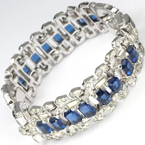 Mazer (unsigned) Pave and Oblong Cut Sapphires Deco Double Link Bracelet