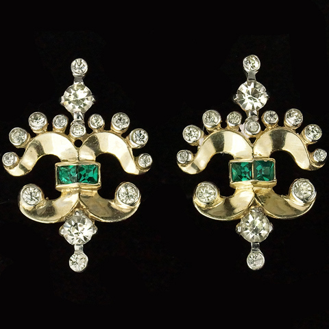 Mazer Sterling Gold and Emerald Fleur de Lys Clip Earrings