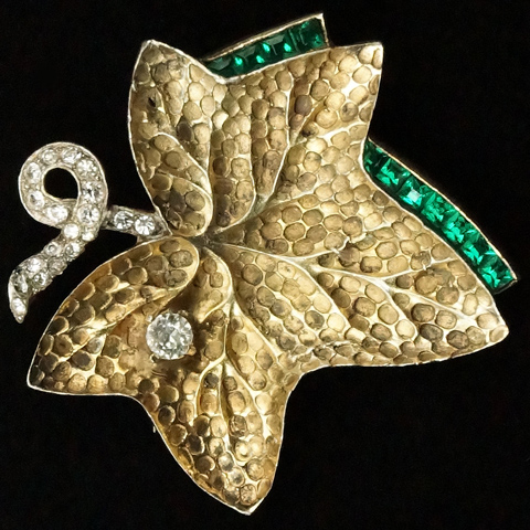 Mazer Sterling Invisibly Set Emeralds Raindrop on Golden Ivy Leaf Pin Clip