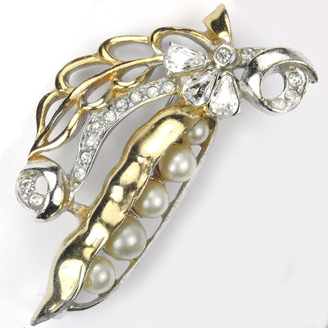 Mazer (? unsigned) Gold Silver Pave and Pearls Pea Pod Pin