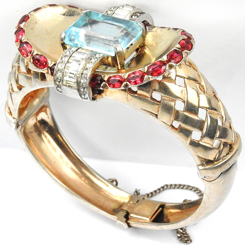 Mazer Sterling 'Jewels of Fantasy' Ruby and Aquamarine Golden Basketweave Bangle Bracelet