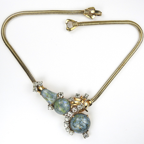 Mazer Bros Gold Diamante Spangles and Blue Opal Bellflower Swirl Choker Necklace