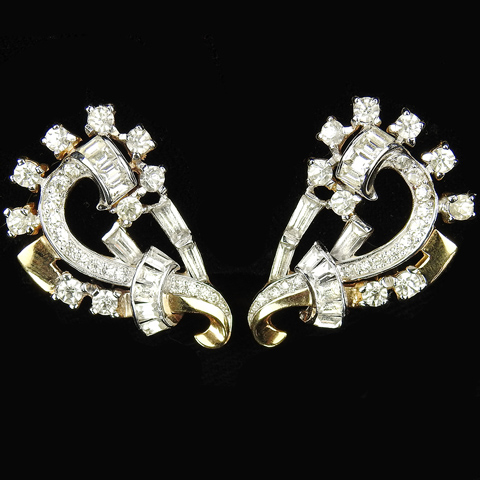Mazer Gold Pave and Baguettes Bow Swirl Clip Earrings
