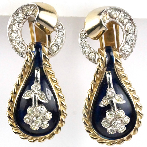 DeRosa Gold Pave and Blue Enamel Floral Motif Pendant Clip Earrings