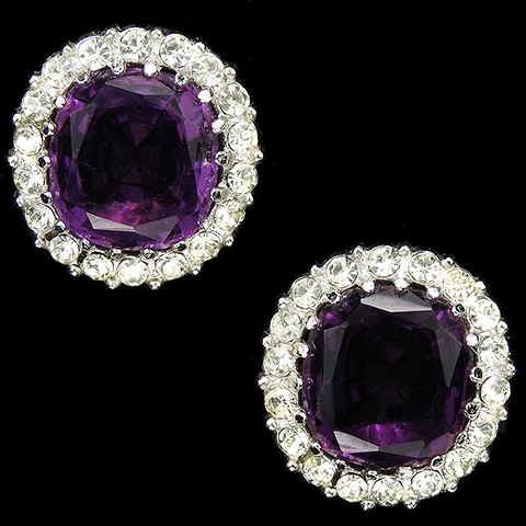 Ciner Pave and Amethyst Button Clip Earrings