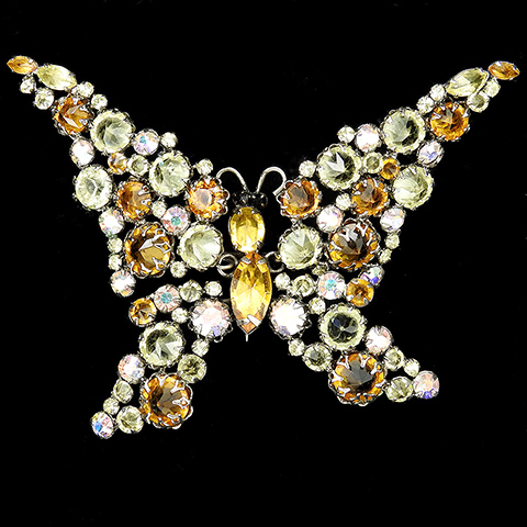 Schreiner Gold Citrine Topaz Jonquil Aurora Borealis Chatons and Navettes Trembler Butterly Pin