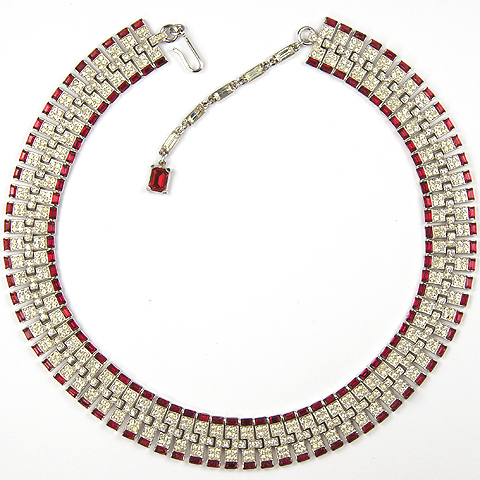 Trifari 'Alfred Philippe' Pave and Ruby Baguettes Deco Style Interlinked Tesselations Choker Necklace